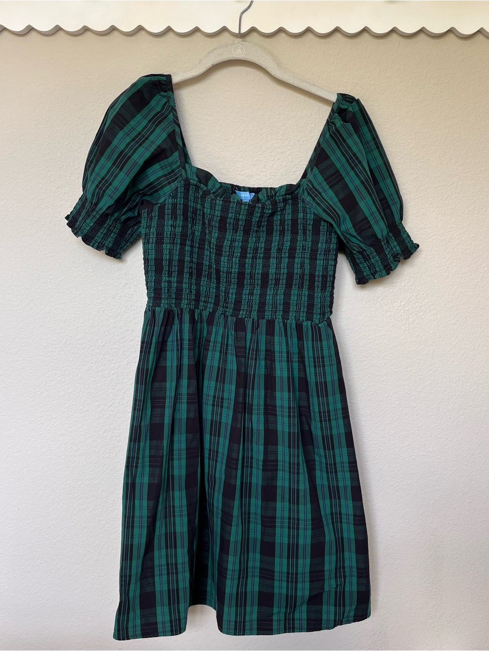 Draper James Green and Black Plaid Puff Sleeve Smocked Dress